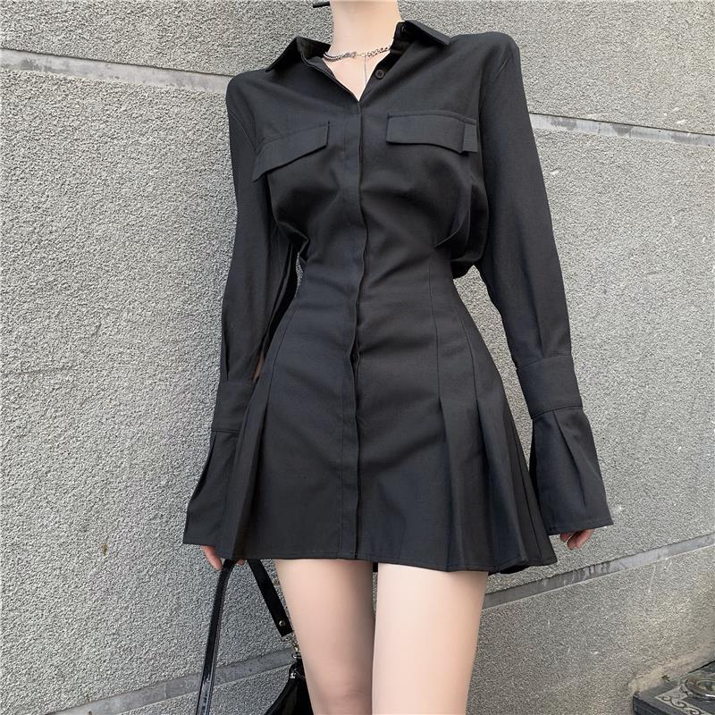 HOUZHOU Robe chemise noire femmes élégant Vintage robes à manches longues Sexy gothique plissé Streetwear col rabattu Robe décontractée