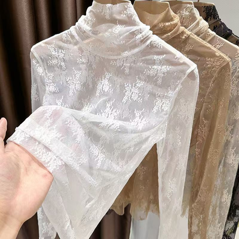 Femmes Sexy à manches longues dentelle Blouses col haut vêtements intérieurs dentelle Crochet t-shirt Base tunique haut Perspective Vintage bas Blouse