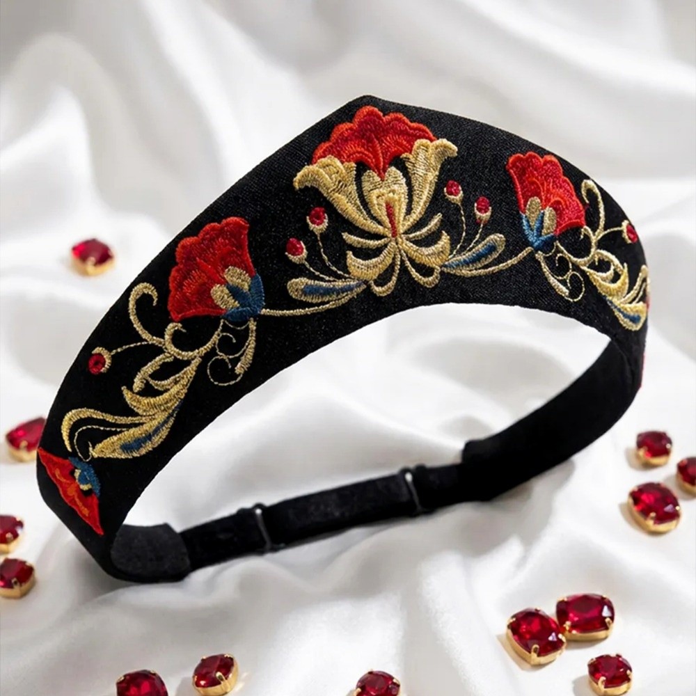 Nouveau serre-tête en velours brodé floral, texture lisse, noir, élastique, accessoires pour cheveux