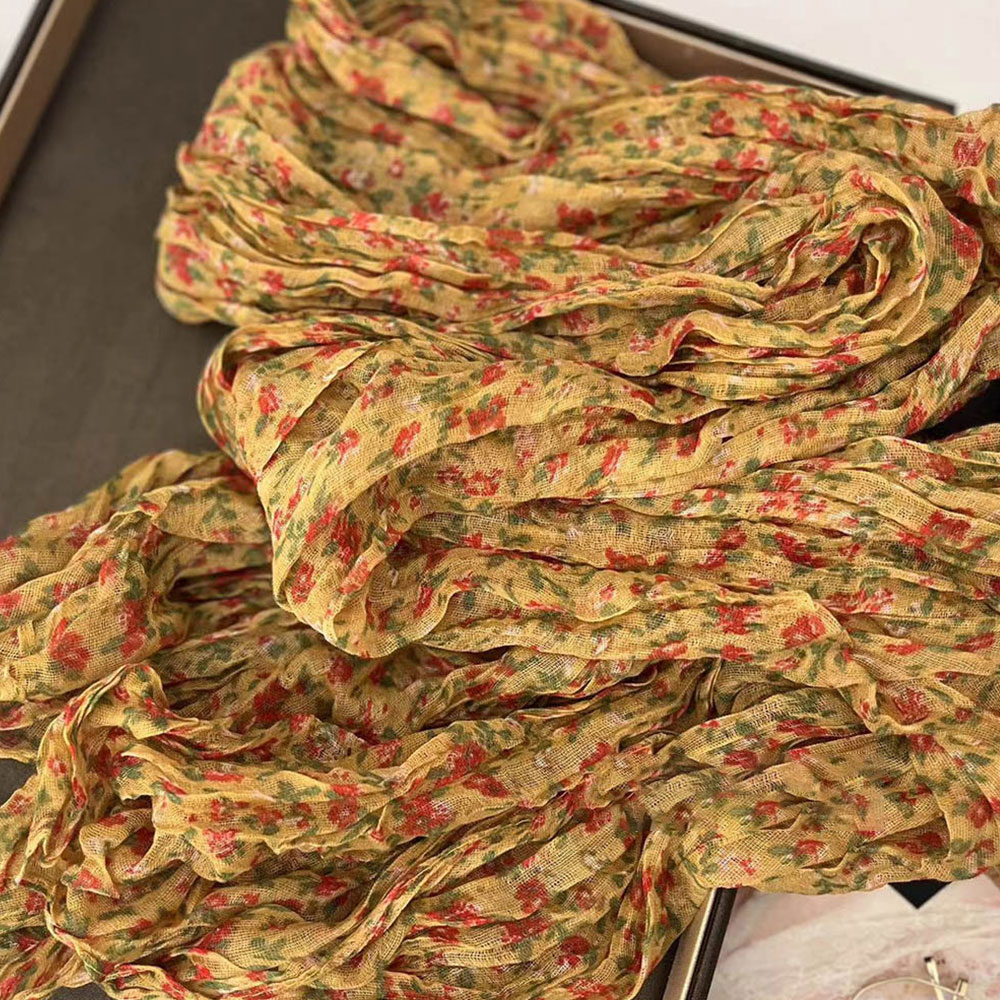 Écharpe florale en coton et lin, foulard quatre saisons, longue bande plissée, Hijab, décor élégant pour femmes, châle anti-rides naturel