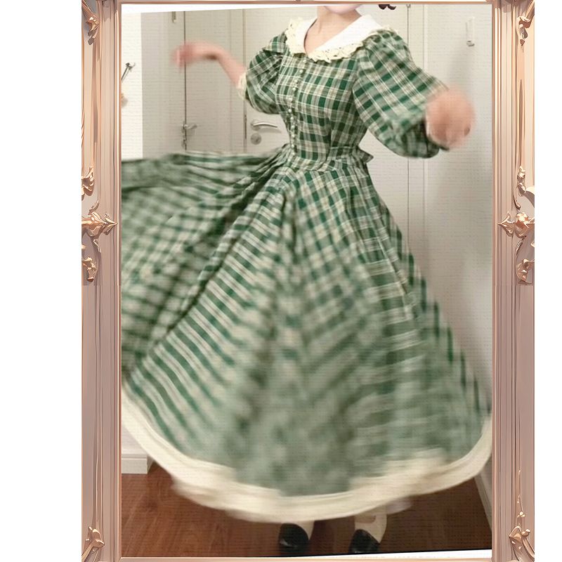 MAGOGO – robe longue plissée en dentelle pour femmes, taille Maxi, Style français rétro vert, élégante, bulle, manches courtes, amincissante, Plaid, été