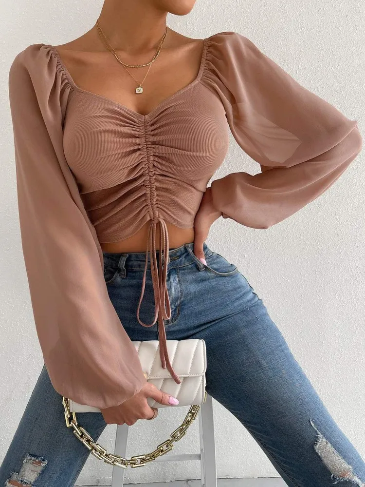 Grande taille haut pour femme cordon avant manches transparentes T-Shirt court col plongeant manches longues tricot côtelé chemisier froncé printemps été
