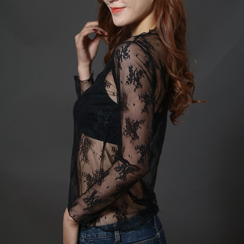 Chemisier à fond en dentelle à col mi-haut pour femme, t-shirt à manches longues, haut court en maille creuse, style occidental sexy, printemps et automne