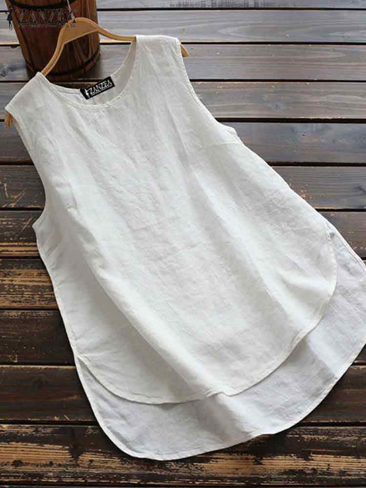 ZANZEA-Chemisier à col rond pour femme, chemise en fibre monochromatique, débardeurs en coton, mode décontractée, vêtements de plage, été, 2024