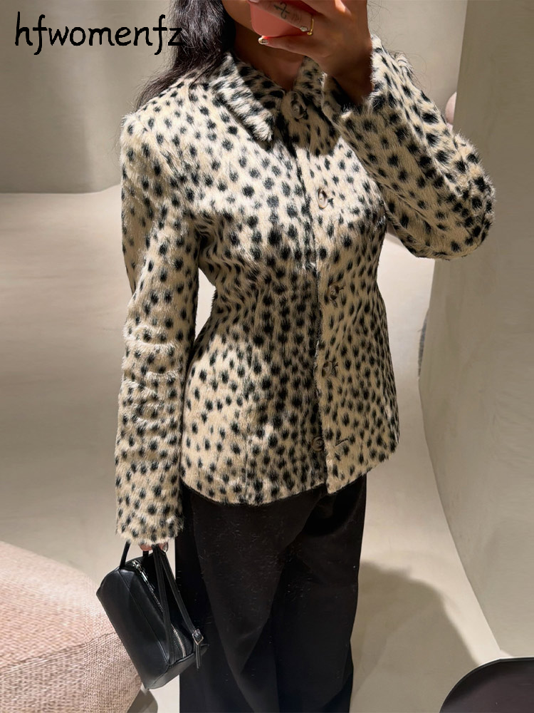 Manteau Femme en Fausse Fourrure Imprimé Léopard, Coupe Slim, Col Revers, Boutonnage Simple, Manches Longues, Veste Chaude pour Femme Automne Hiver 2026