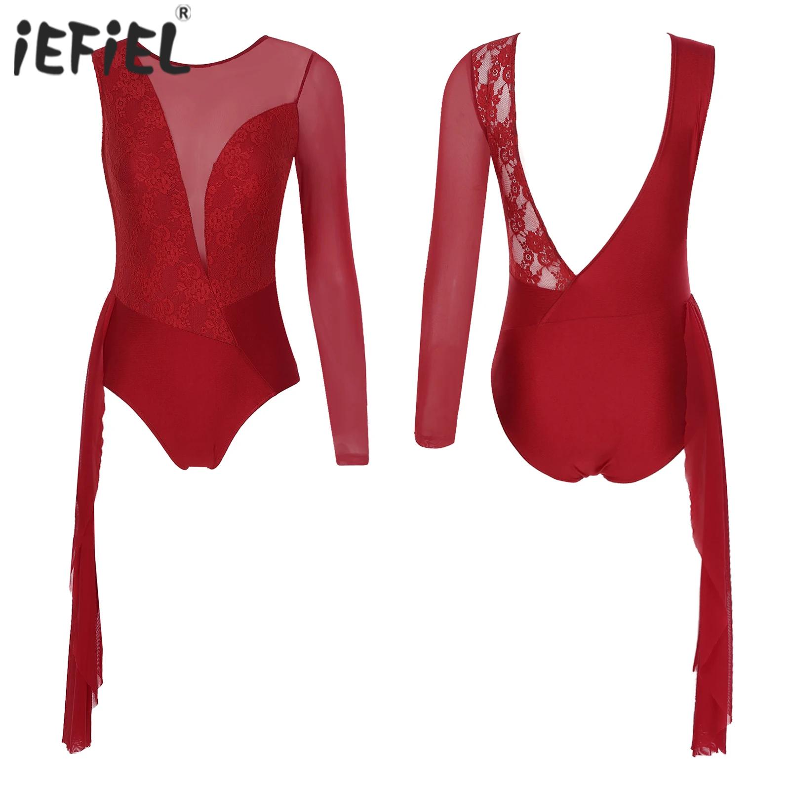Justaucorps de danse lyrique pour femme, maille transparente, manches longues, dentelle florale, dos en V profond, costume de batterie pour la compétition de performance de patinage artistique