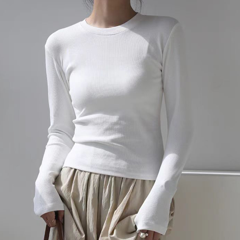 T-shirt basique en coton à col rond et manches longues pour femme, coupe courte sexy, ajustée et décontractée, Noir, Blanc, Collection Automne 2026
