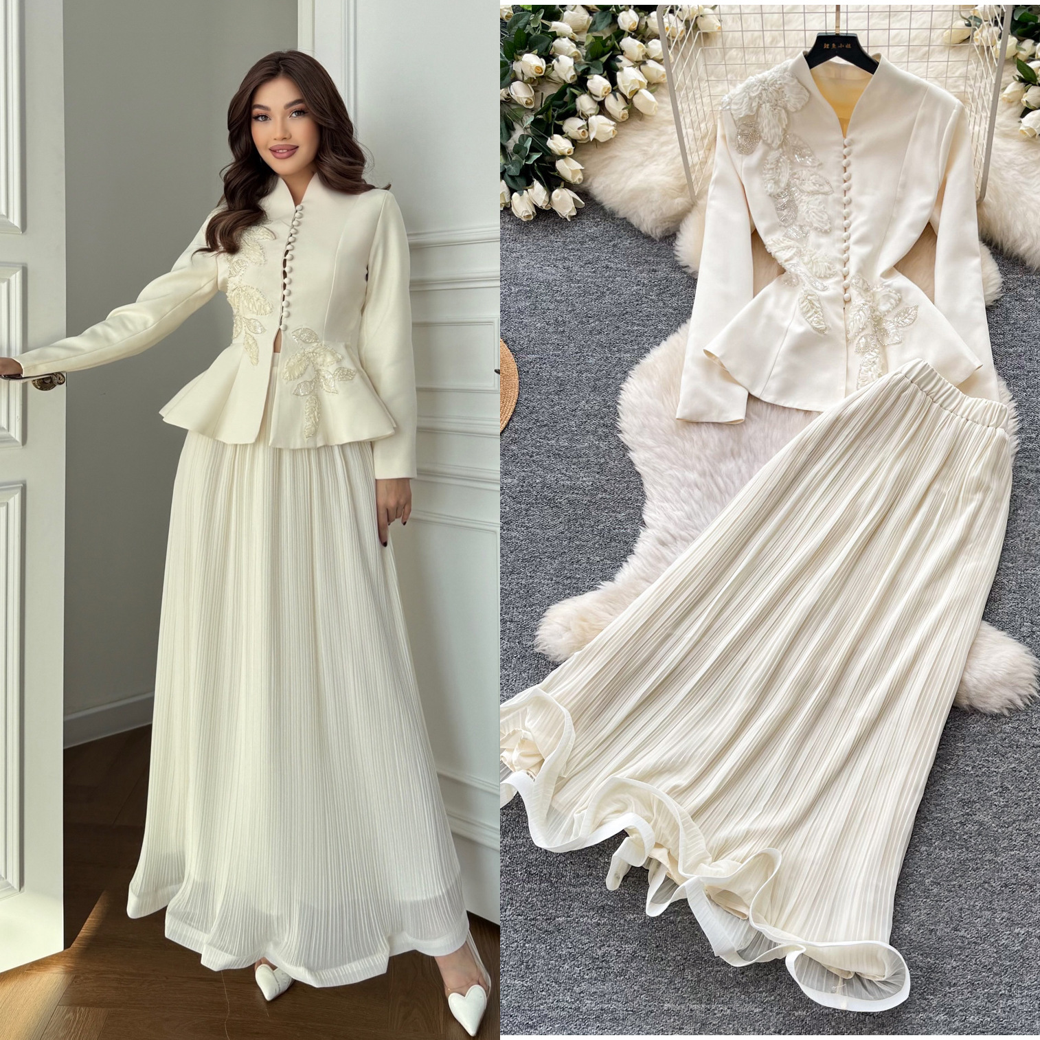 Ensemble 2 Pièces Jupes et Manteau Plissé pour Femme, Tenue de Fête Musulmane, Ensemble Brodé pour Ramadan, Veste Brodée Maroc Dubaï, Tenues Aïd