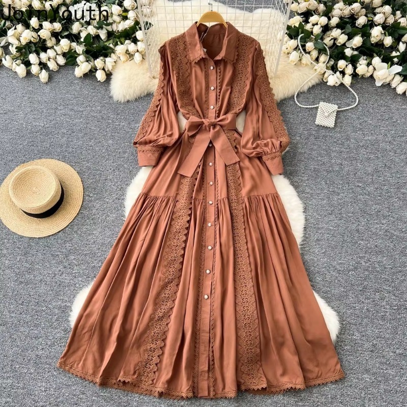 Robe en dentelle vintage à col rabattu pour femmes, manches lanterne, nœud de bandage, coupe couvertes, grande balançoire, robes maxi élégantes