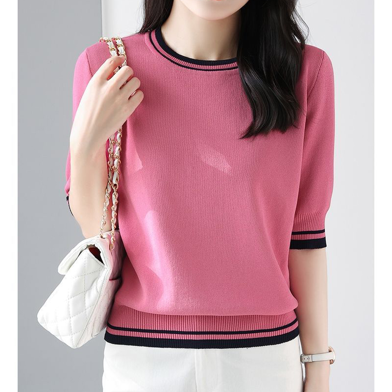 Vêtements pour femmes 2024 mode d'été contraste couleur élégant doux tricoté T-shirts décontracté col rond demi manches hauts pullover amples