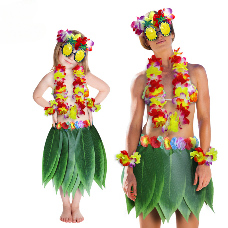 Luau – tenues hawaïennes à fleurs, feuilles d'herbe, jupe Hula, ensemble de lunettes de soleil, guirlande pour Costumes de Cosplay de fête tropicale