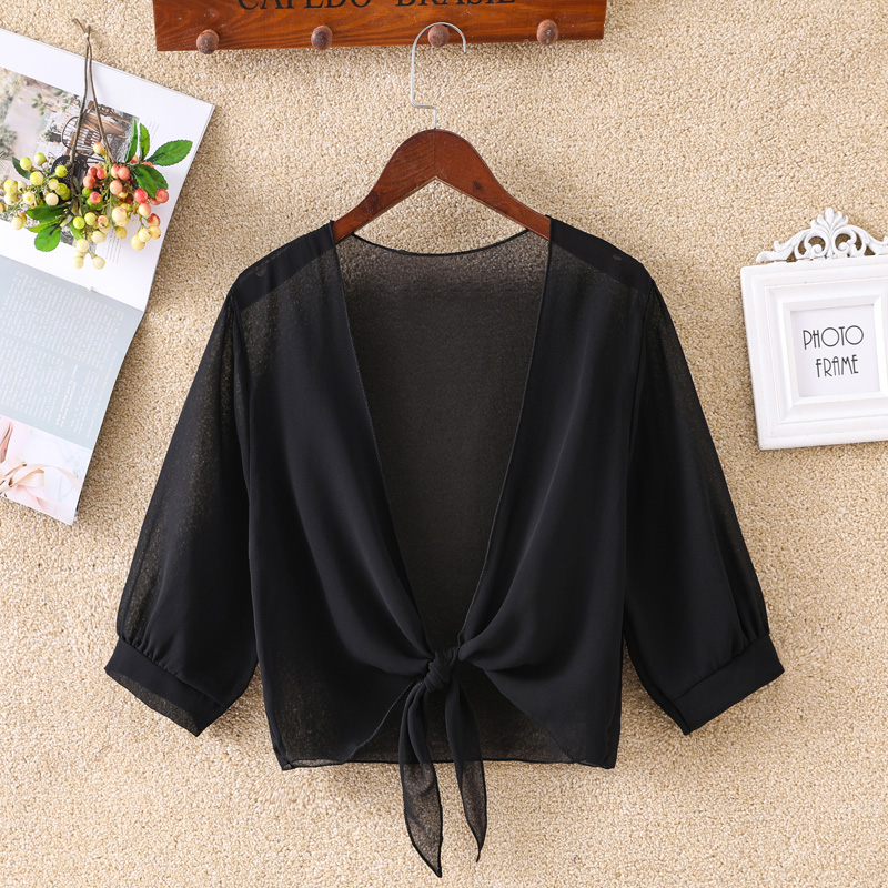 Veste ronde en mousseline de soie pour femme, demi-manche, pure, douce, BEmbed o haussement d'épaules, devant ouvert, cardigan pour manteau de fête