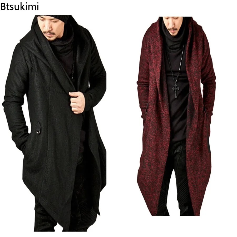 Men's Fashion Hoodies Cardigan Solid Pocket Loose Trench Jackets Casual Open Stitch Gothic Hooded Long Cloak Cape Coats for Men