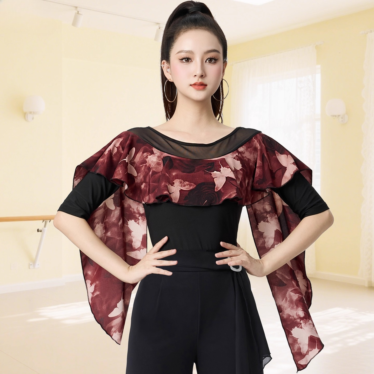 Vêtements de danse pour femmes, hauts d'été imprimés, ligne latine, Costume de danse, nouveaux produits, danse de salle de bal, vêtements d'entraînement pour femmes, noir