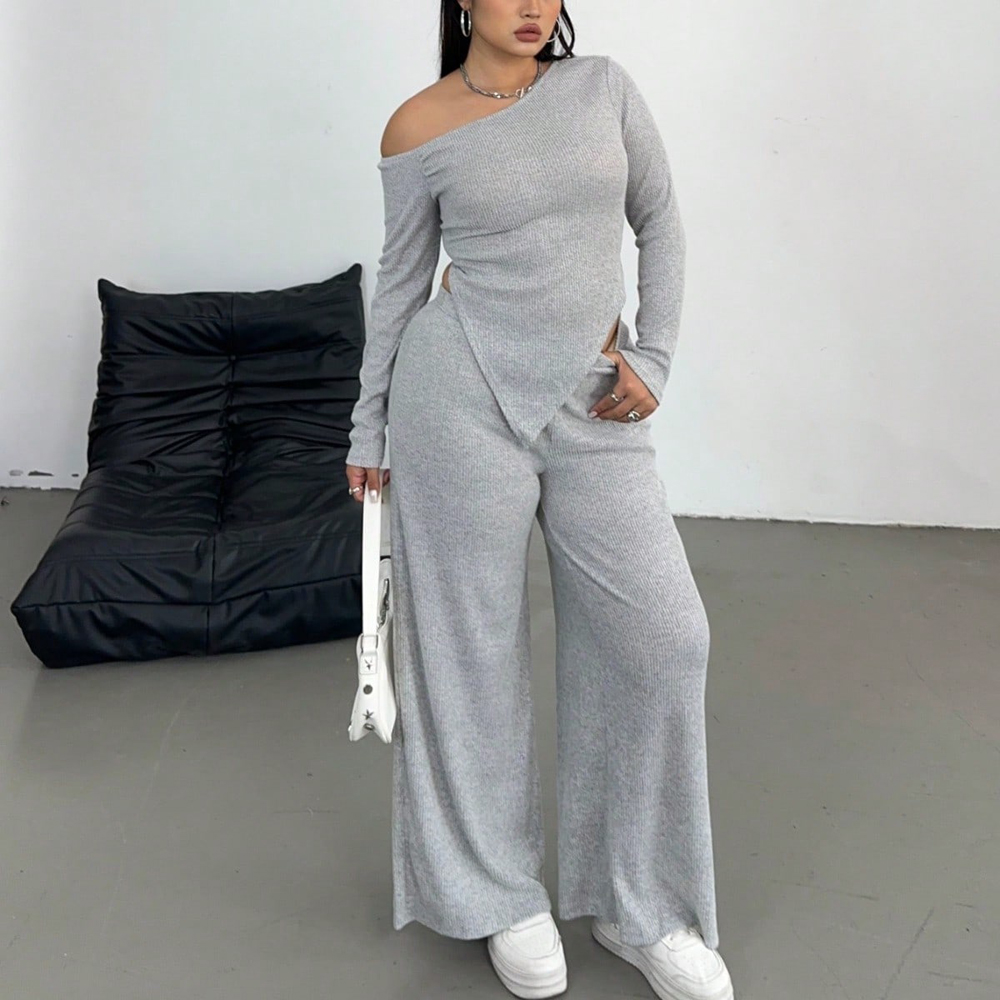 Grande taille Sexy Slash épaule à manches longues pantalons décontractés deux pièces ensemble banlieue Style loisirs couleur unie maison