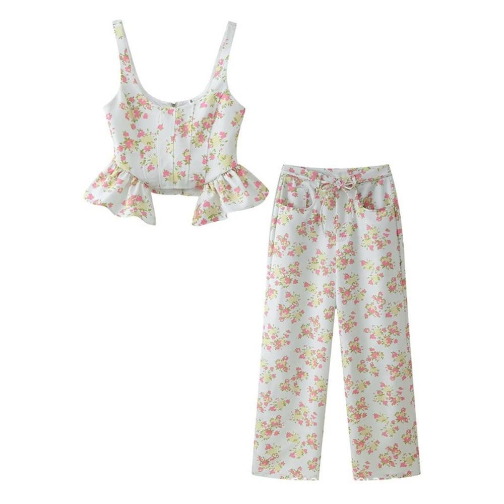 Ensemble pantalon et gilet sans manches pour femme, chic, imprimé floral, avec haut court à volants, sexy et élégant, pantalon large pour les vacances