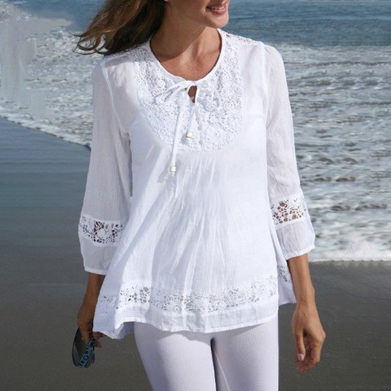 Chemise élégante en dentelle pour femmes, pull ajouré à col rond, à lacets, Style anglais, manches sept-quarts