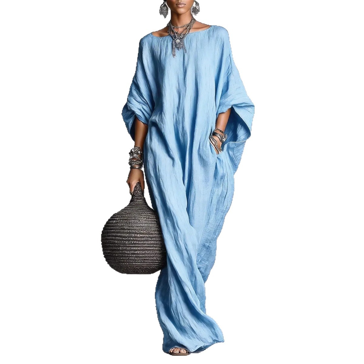 Robe longue kaftan multicolore en mélange de lin, coupe ample, manches chauve-souris, avec poches, style bohème décontracté pour femme