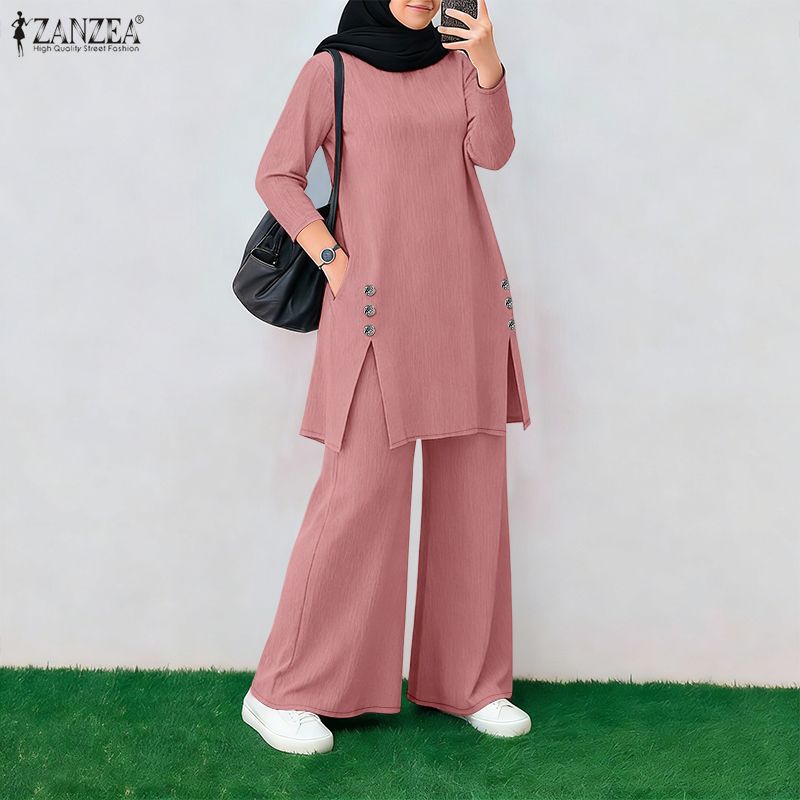 Ensemble élégant 2 pièces pour femme musulmane ZANZEA – Tenue de Ramadan avec hauts à manches longues col rond et pantalon large – Survêtement Hijab Dubaï