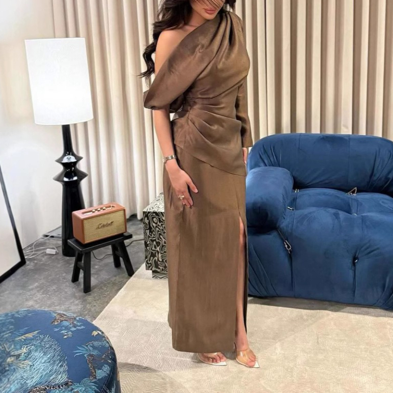 Robe Maxi Chic pour femmes, asymétrique épaule dénudée, drapée, Design fendu, mode élégante, formelle, Cocktail, soirée, robes de dîner