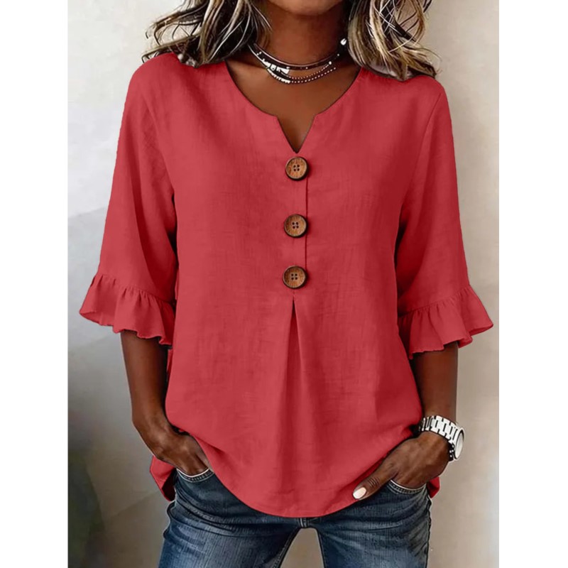 Nouvelle Blouse Décontractée Femme Col V Manches Sept Boutons Couleur Unie Été 2026 Respirante Vêtement Quotidien