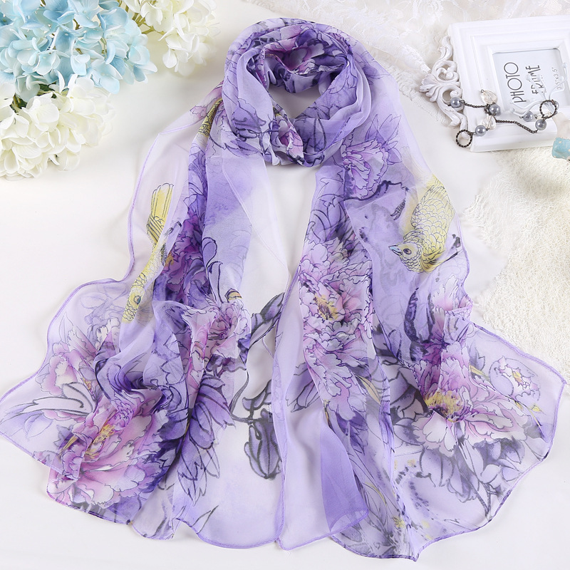 Mode chaude été en mousseline de soie Georgette écharpe perroquet pivoine imprimer femmes Foulard Long châle et enveloppement Bandana élégant mince 50*160 cm M163