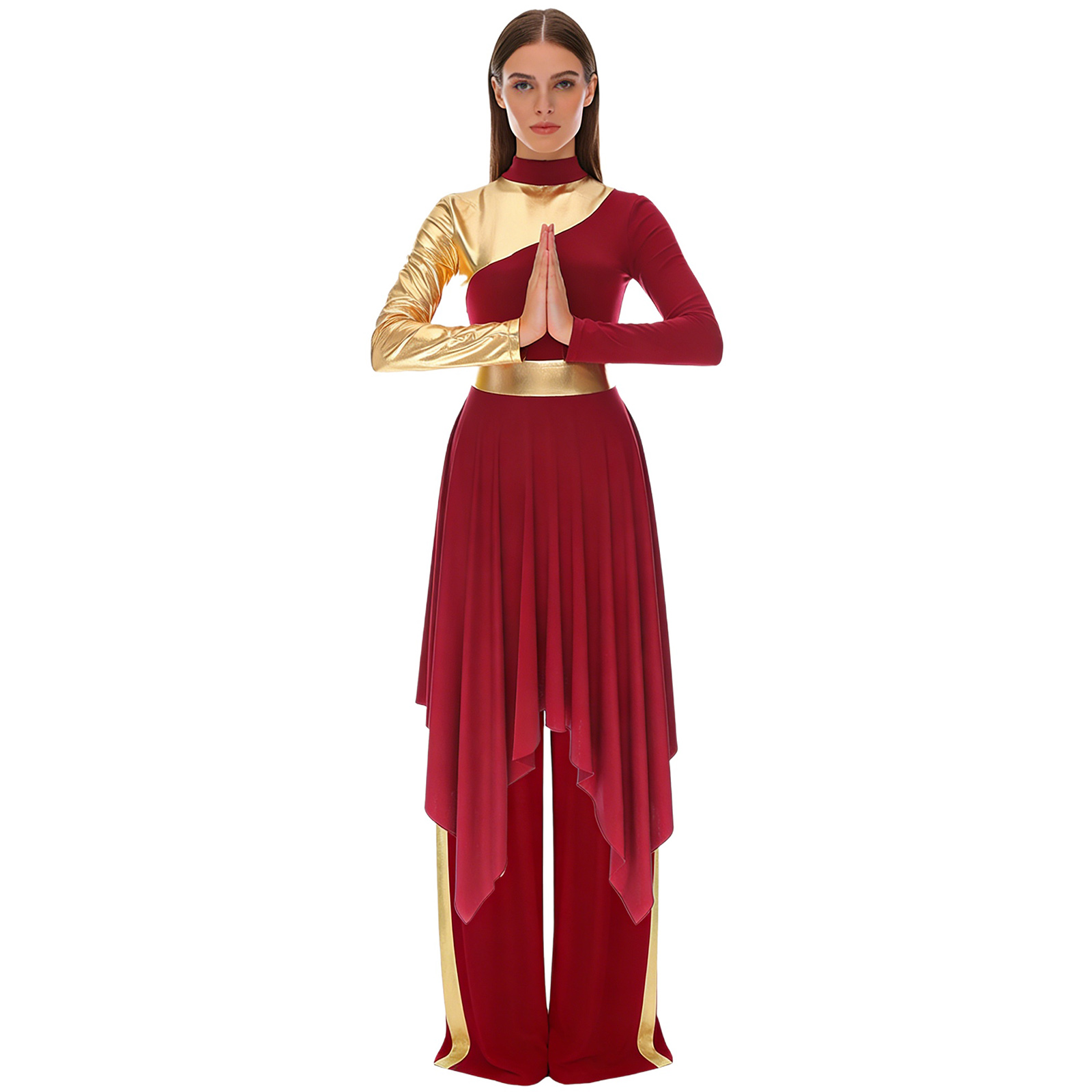 Robe de danse liturgique pour femmes, imprimée, à manches longues, à ourlet irrégulier, longueur midi, avec pantalon large, tenue pour l'église et les fêtes