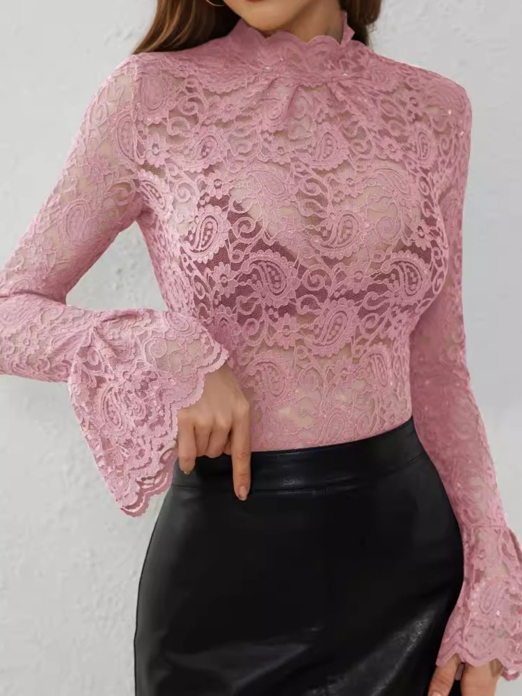 Chemise élégante et Sexy en dentelle pour femmes, pull à manches longues et col montant, dessus de chemise Slim, vêtements de vacances décontractés pour dames