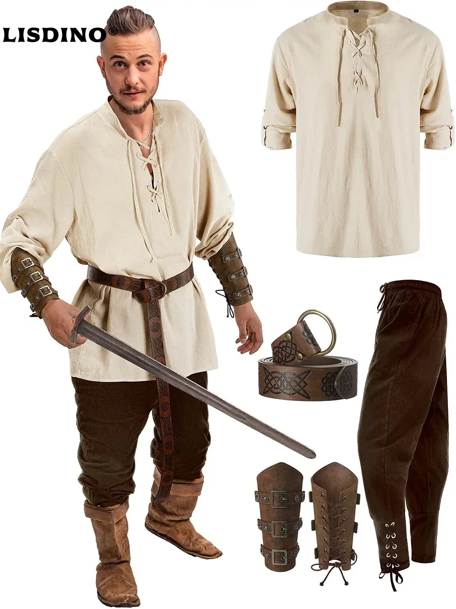 Pantalon rétro Vintage médiéval Renaissance, tenues, ceinture de taille, chemise, protège-bras, Costume de Cosplay Pirate pour hommes, Halloween