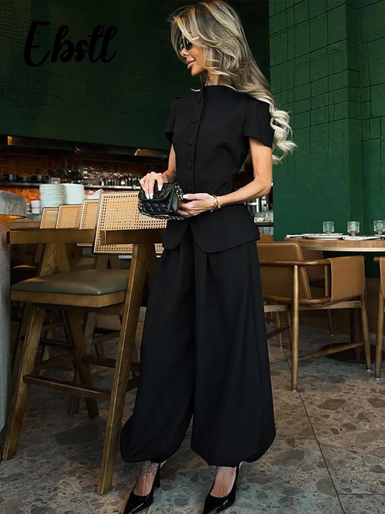 Ensemble élégant haut à manches courtes et pantalon pour femme, couleur unie, col rond, hauts cintrés à boutonnage simple, pantalon ample coupe lanterne, tenues 2026