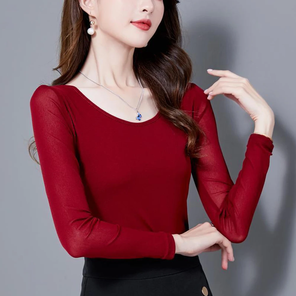Femmes à manches longues T-Shirts 8 couleurs taille S-4XL Perspective maille col rond femme sommets Blouses à manches longues col rond t-shirt hauts