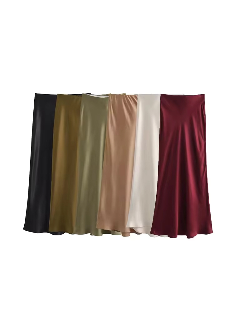 Jupe mi-longue semblable à de soie pour femmes, doux au toucher, taille haute, ceinture élastique, Chic, mode féminine, élégante