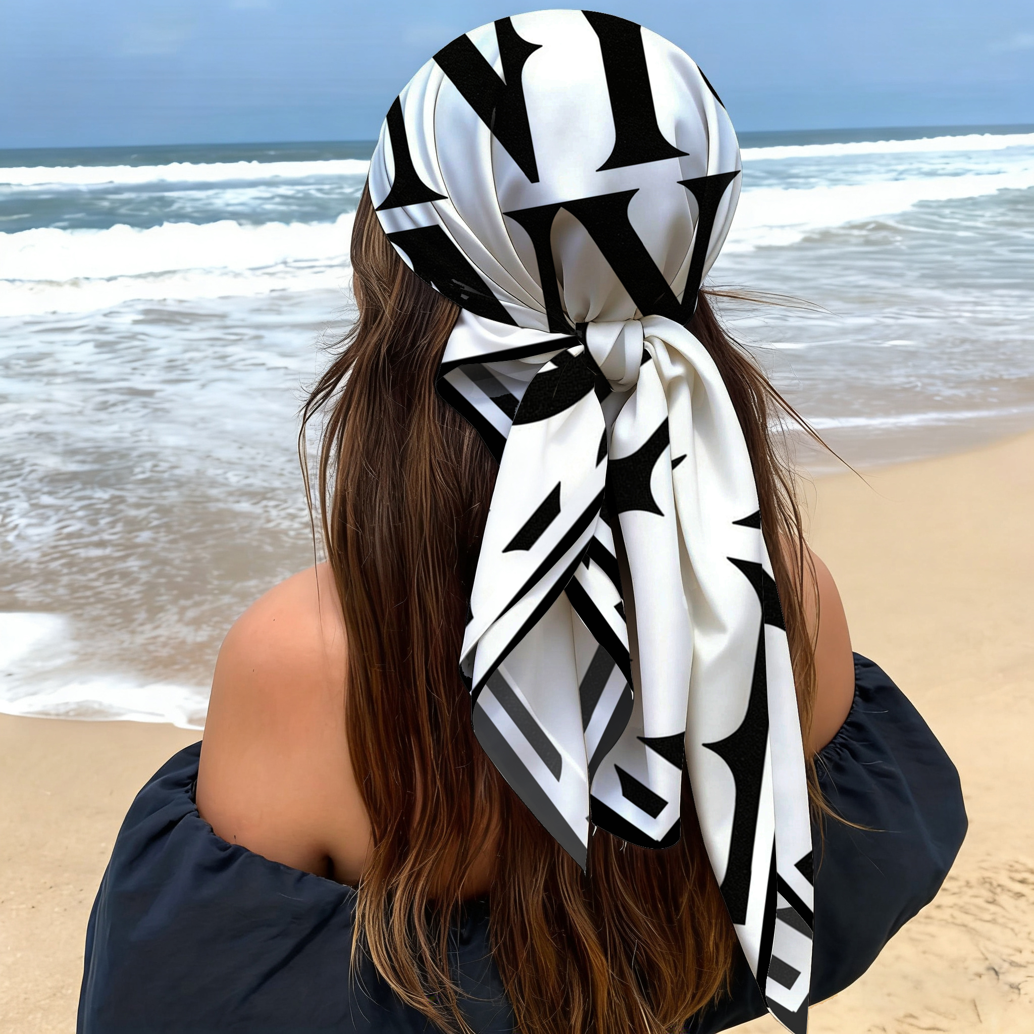 Foulard carré minimaliste français noir et blanc 90 cm en satin soyeux, bandeau et écharpe de cou pour femme, élégant pour le quotidien