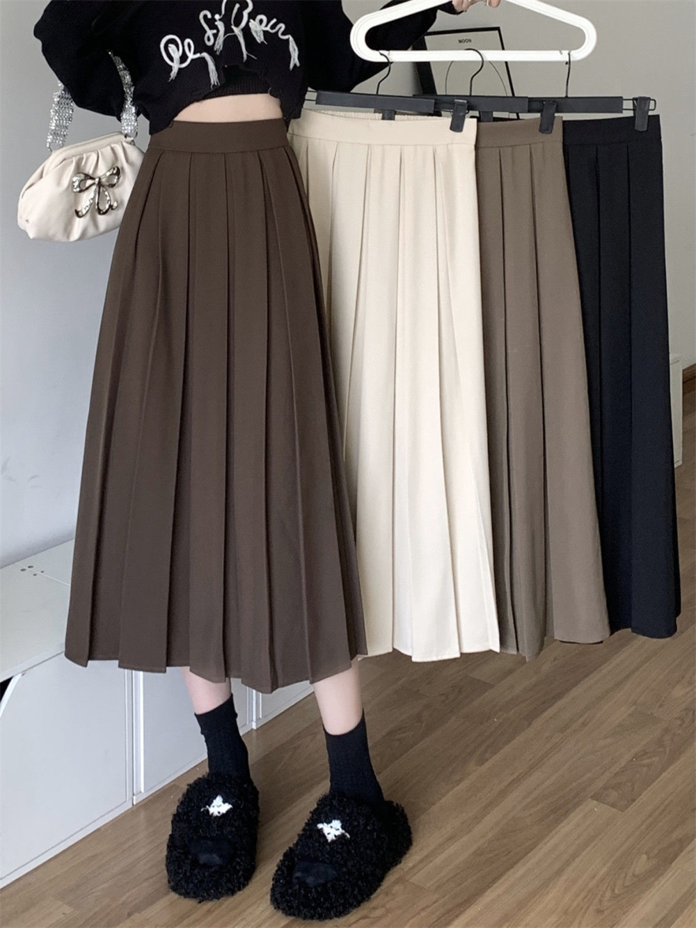 Jupe longue plissée noire de style coréen pour femmes, modeste, relaxation, étudiant