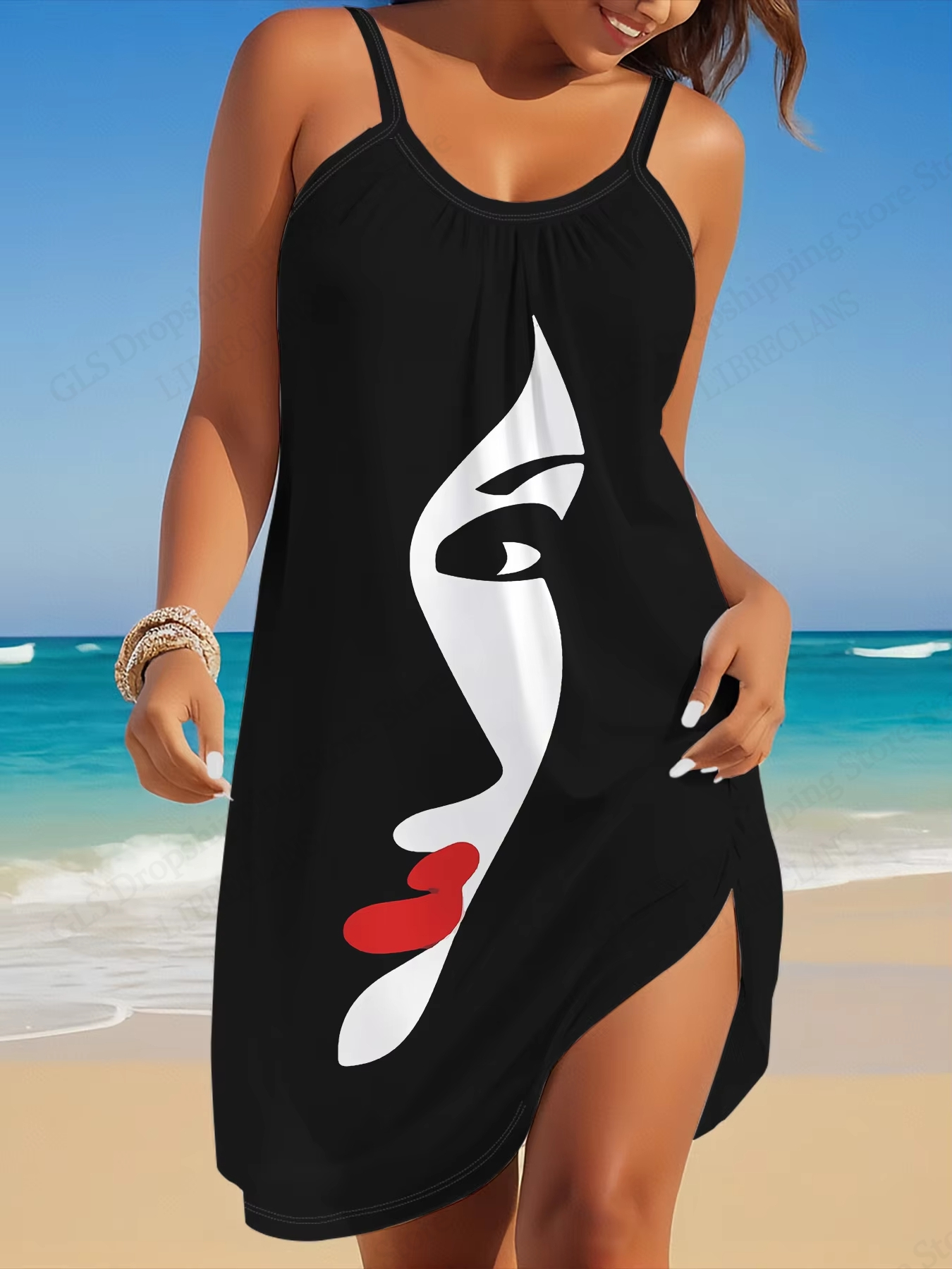 Nouvelle robe africaine à imprimé visage pour femme, mini-robe d'été à fines bretelles, style bohème, sans manches, pour la plage ou les fêtes