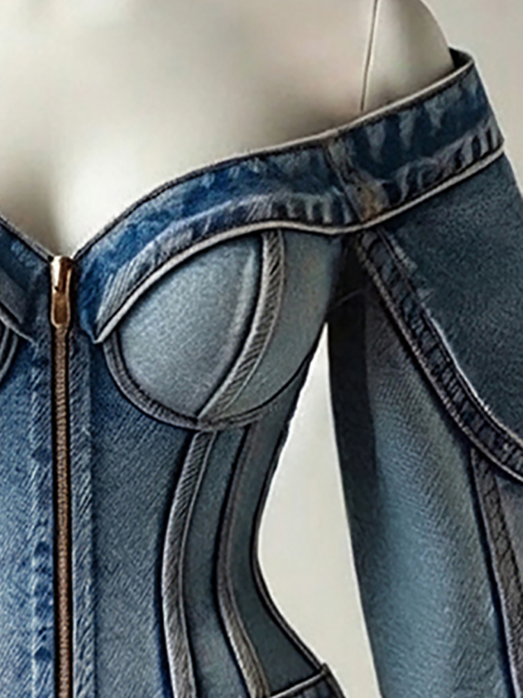 Veste en jean sexy pour femme, style corset, épaules dénudées, zippée, délavée vintage, coupe ajustée, manches longues, chic Y2K, streetwear, manteau d'extérieur