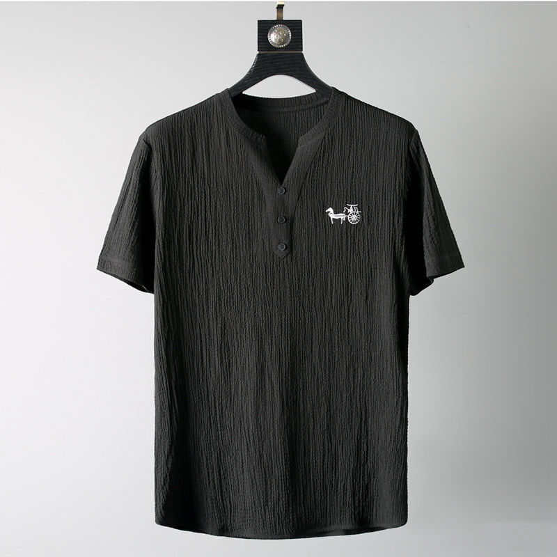Ensemble 2 pièces plissé texturé pour homme, broderie carrosse, hauts à manches courtes col en V, pantalon ample à taille élastique, tenue décontractée d'été
