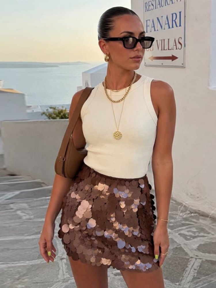 Mini-jupe sirène chic taille haute évasée à sequins irisés style Y2K pour femme, collection été 2026