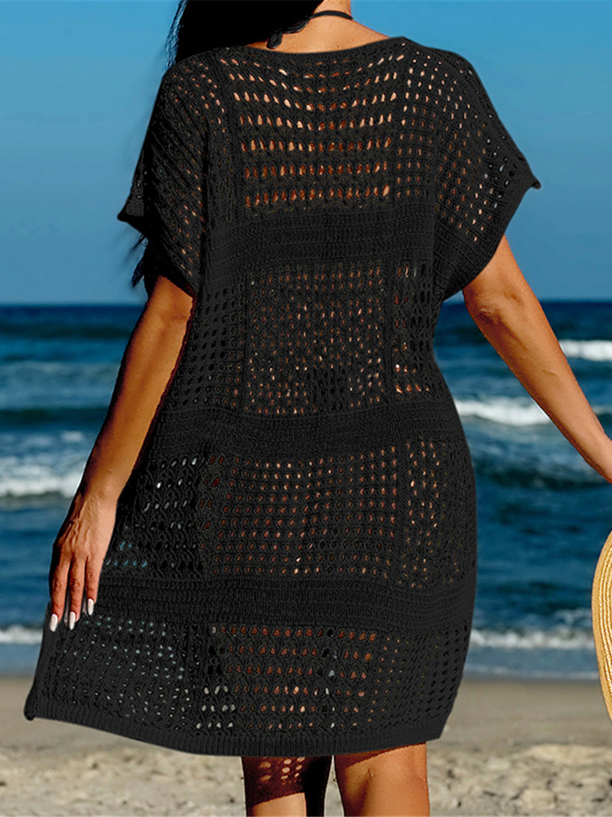 Robe de plage sexy à manches courtes pour femmes, tunique ajourée au crochet, cover-up, vêtements de plage, K5580