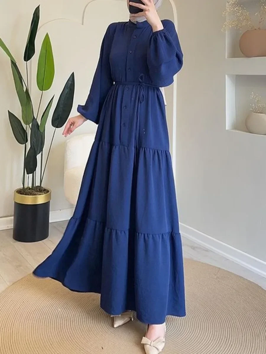 Eid femmes musulmanes Robe Abaya solide simple boutonnage fête Jalabiya Ramadan robes longues robes Largos caftan arabe longue Robe