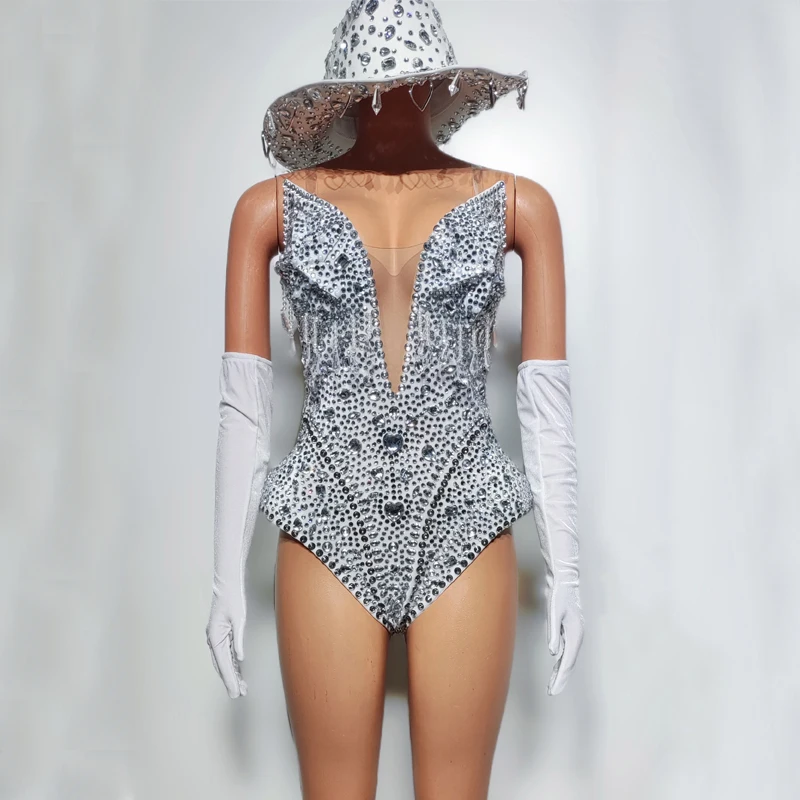 Tenue de Festival de chanteur pour femmes, Bar, discothèque, Dj Ds Gogo, vêtements de pôle danse, argent rouge, strass complets, chapeau de body