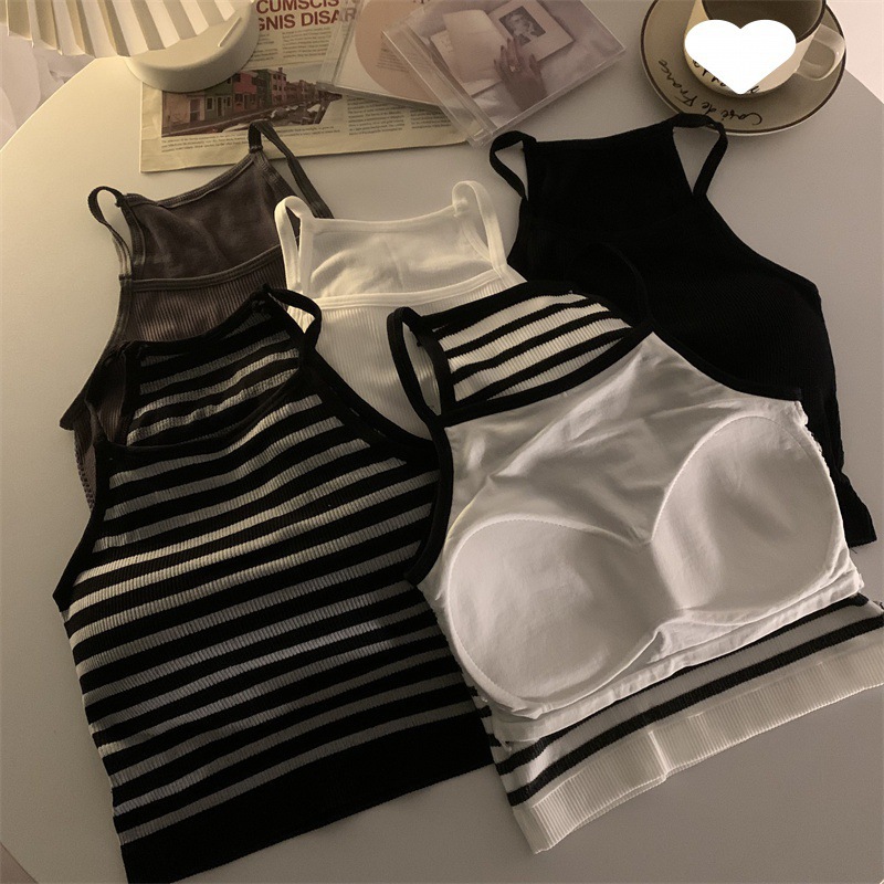 Haut court avec coussretours de poitrine pour femme, caraco basique, fibre rayée, mode décontractée, version coréenne