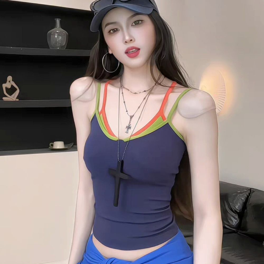 Débardeur Camisole Faux Deux Pièces Tendance, Coupe Ajustée à Bretelles, Crop Top Sexy, Haut de Base pour Usage Quotidien
