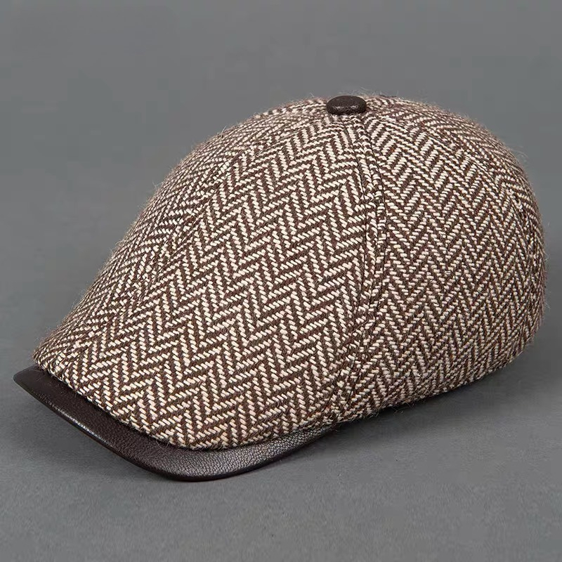 Bonnet 55% laine béret à chevrons pour hommes Camel/gris mâle mince chapeaux 55-61 cm Casquette avant loisirs bec de canard Casquette