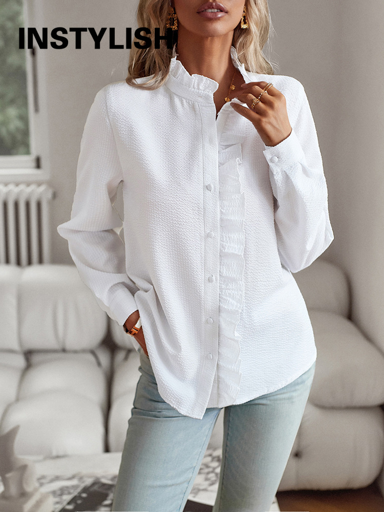 Chemisier élégant à manches longues et col montant froncé pour femme, chemise décontractée à boutons, tunique Harajuku, hauts simples de style urbain