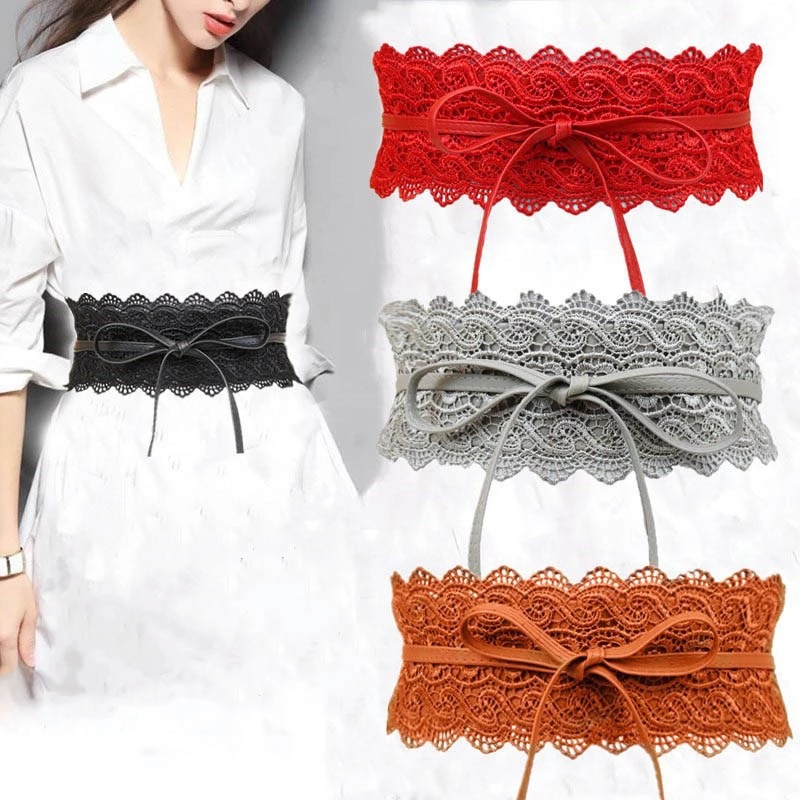 Ceinture large en dentelle avec nœud pour femme, en similicuir PU, rouge, noir, blanc, gris, bordeaux, pour robe de mariée, jupe, ceinture décorative