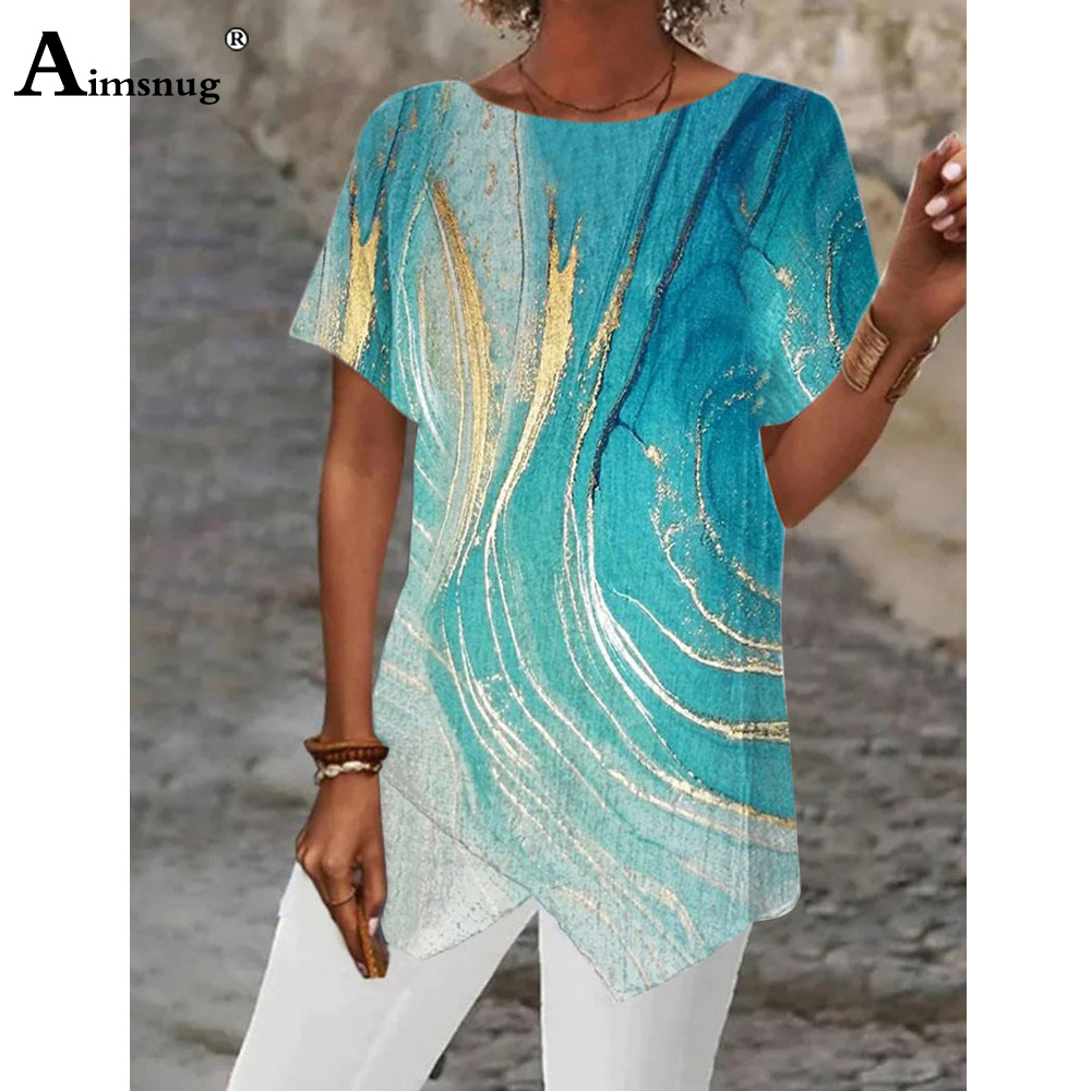 Grand Big 5xl Femmes Décontracté Boho Chemises Modèle 3D Impression T-shirts À Manches Courtes Haut Irrégulier Dames Tunique Chemise Femmes Vêtements 2025