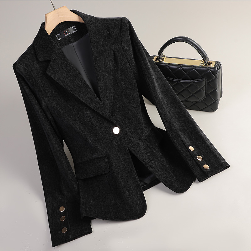 Blazer en velours jaune or pour femme – Collection Automne Hiver – Tenue décontractée et élégante pour le bureau – Veste de travail formelle