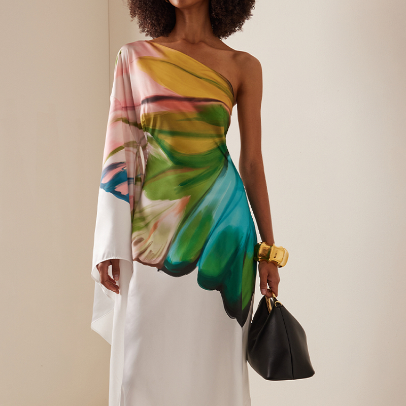 Femmes Robe élégante en Satin 2025 épaule Oblique Papillon imprimé Robe Maxi Robe d'été décontracté Vintage imprimé Robe longue ample