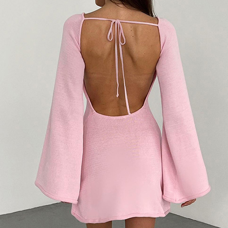 Nouveau sexy dos nu col rond cache-up couleur unie tricot maillots de bain élégant corne manches plage costume femme vacances robe portefeuille